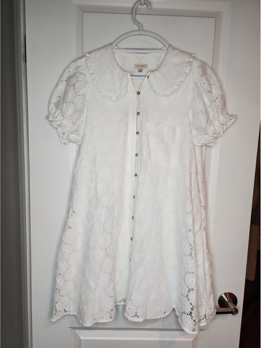 New Pilcro Ruffle Shift Dress Women's M Pockets Ivory Wht Eyelet Lace Embroidere - Picture 3 of 9